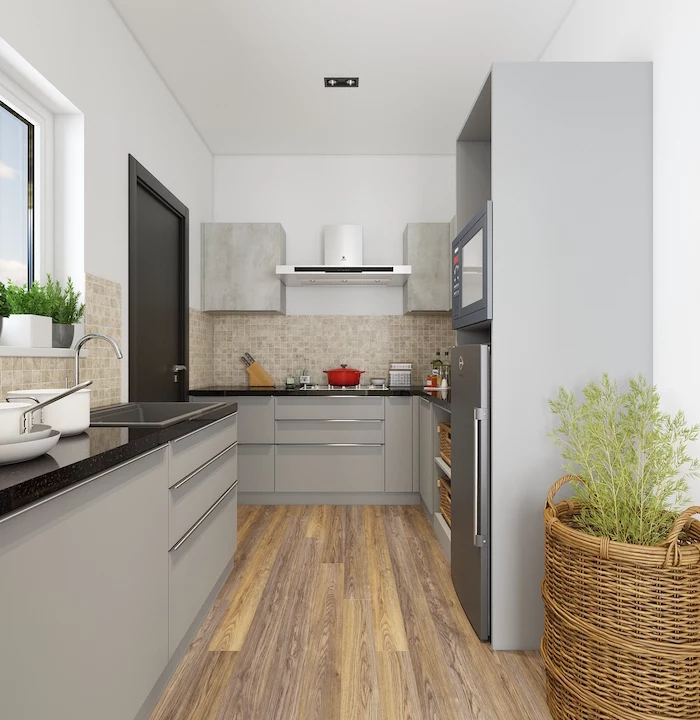 mosaic tiles backsplash light gray kitchen cabinets black countertops small kitchen ideas wooden floor