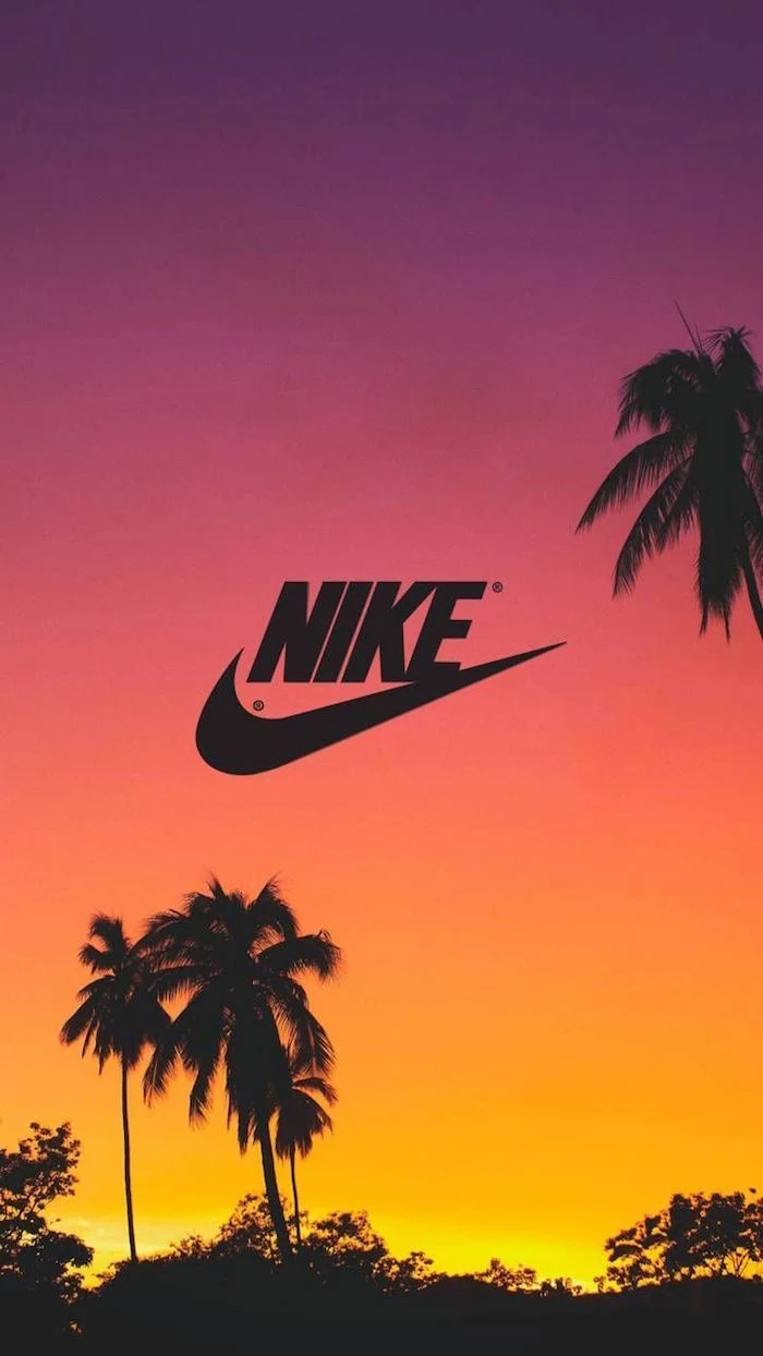 nike logo wallpaper photo of sunset sky in purple and orange with palm trees black nike logo in the middle