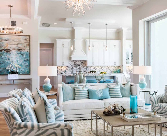 Blue With Coral Accents In Living Room