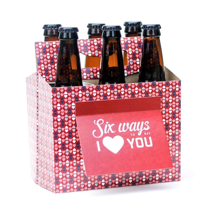 pack of six bottles of beer valentine's day gifts for men personalised with hearts on it sign that says six ways to say i love you