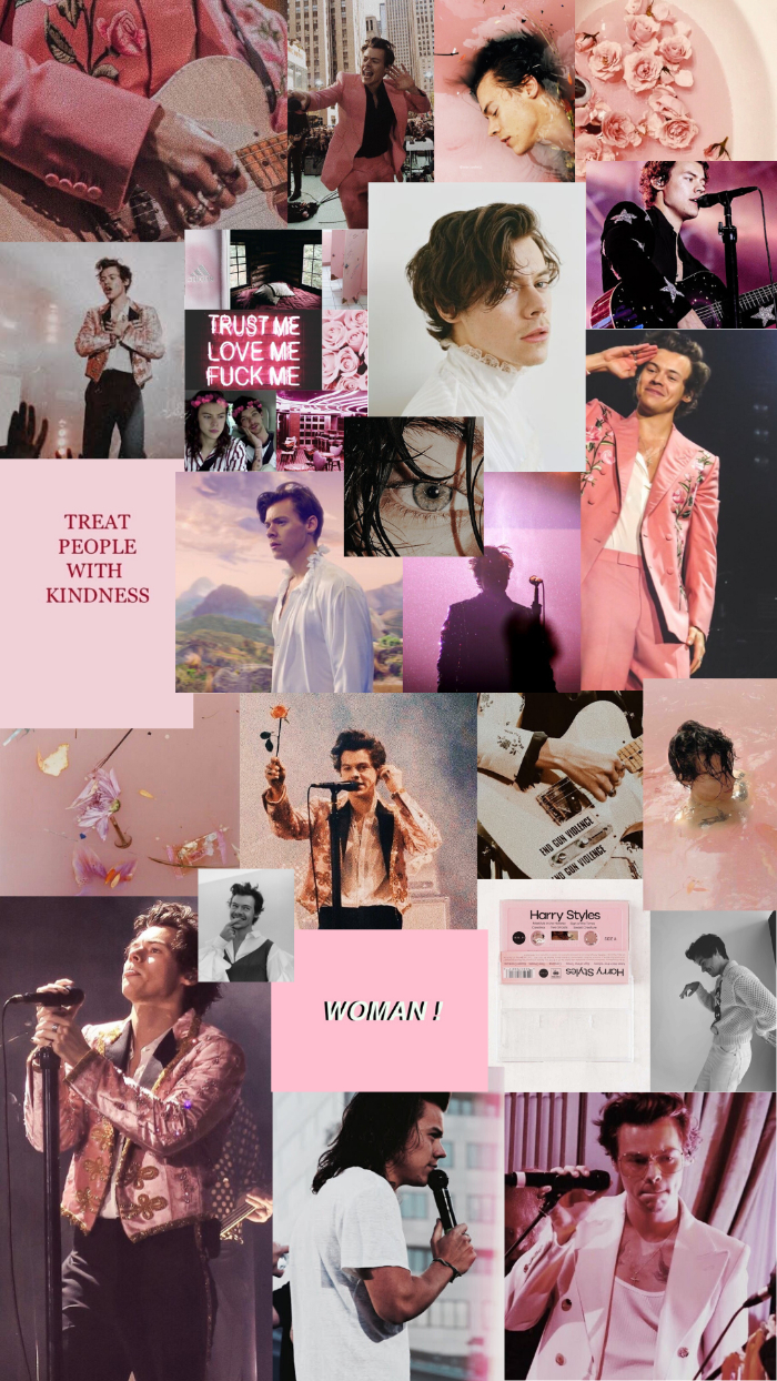 photo collage mood board of different photos harry styles aesthetic treat people with kindness woman