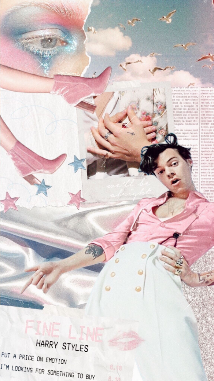 photo collage mood board of harry styles in pink white and blue harry styles background wearing white pants pink shirt