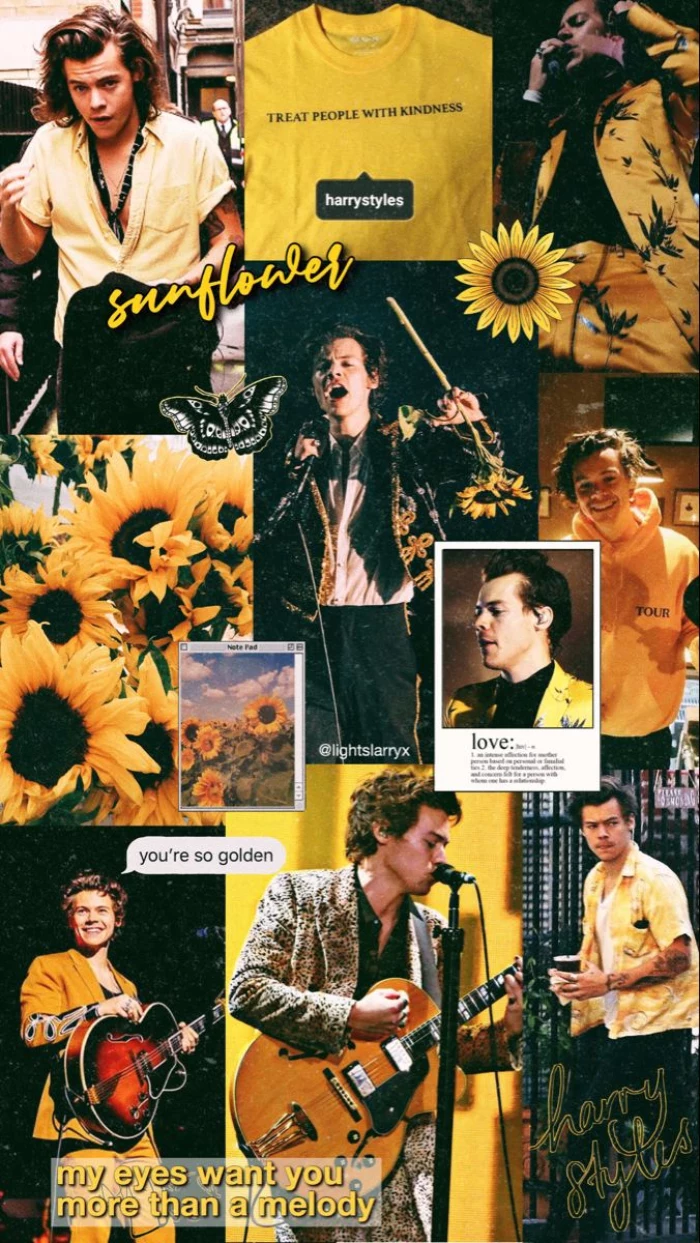 photo collage of different photos of harry and sunflowers harry styles aesthetic wallpaper