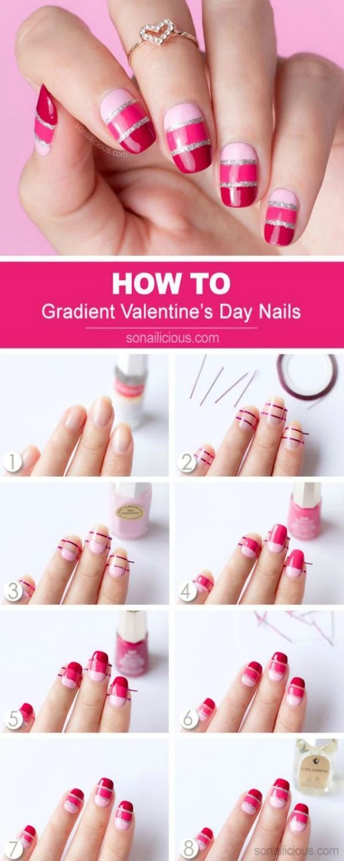photo collage of step by step diy tutorial valentines day nail art gradient pink and red nail polish