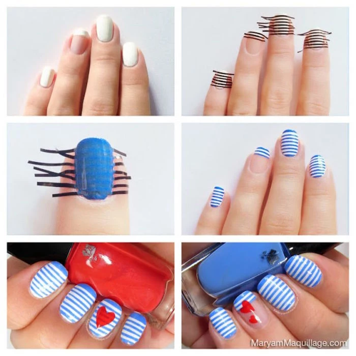 photo collage of step by step tutorial valentines day nail art blue and white striped nail polish with red hearts decorations