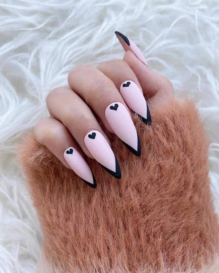 pink and black matte nail polish valentine nail designs french manicure with small black hearts on long stiletto nails