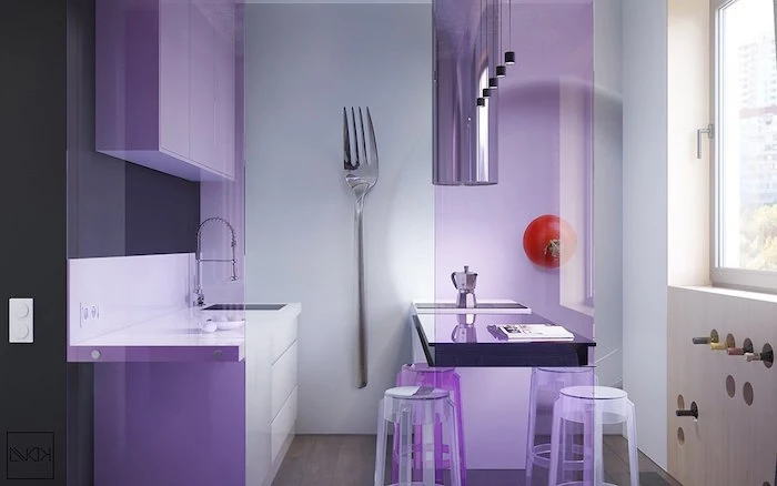 purple cabinets and plastic bar stools small kitchen remodel ideas decorative backsplash with photo of fork small tomato
