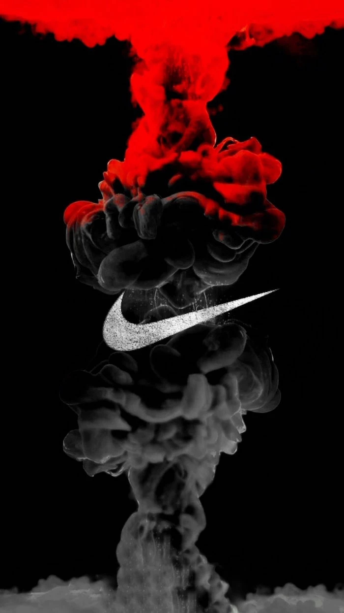 red and black digital drawing of smoke coming together on black background nike logo wallpaper silver glitter nike logo in the middle