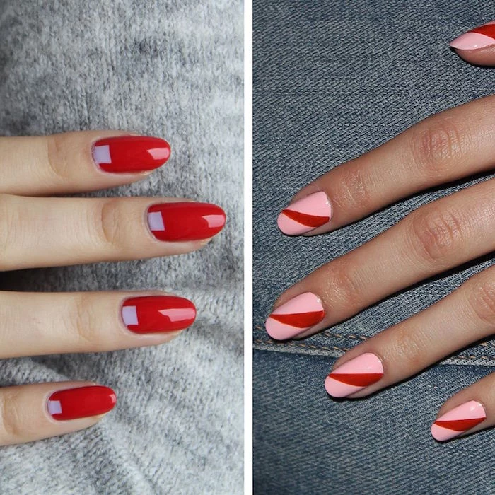 red and pink nail polish valentine's day acrylic nails short squoval nails with different designs side by side photos