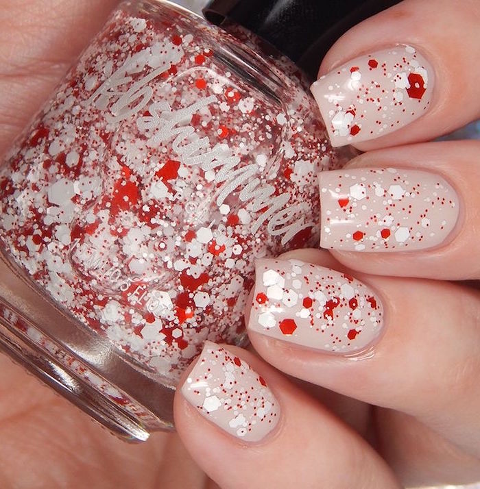 red and white glitter nail polish on gray base valentines day nails medium length square nails
