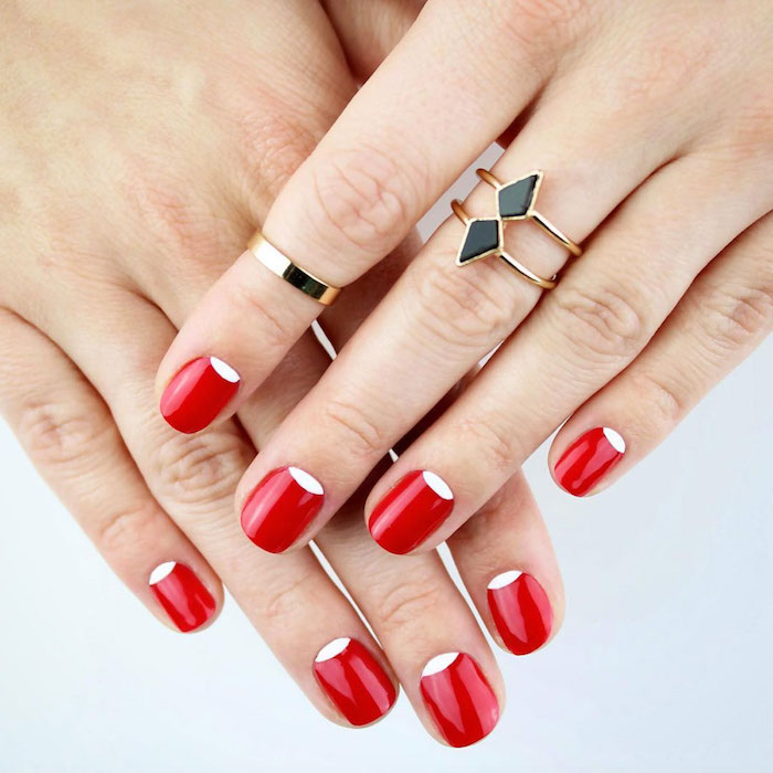 red and white nail polish on short squoval nails valentine nail designs female hands with golden rings