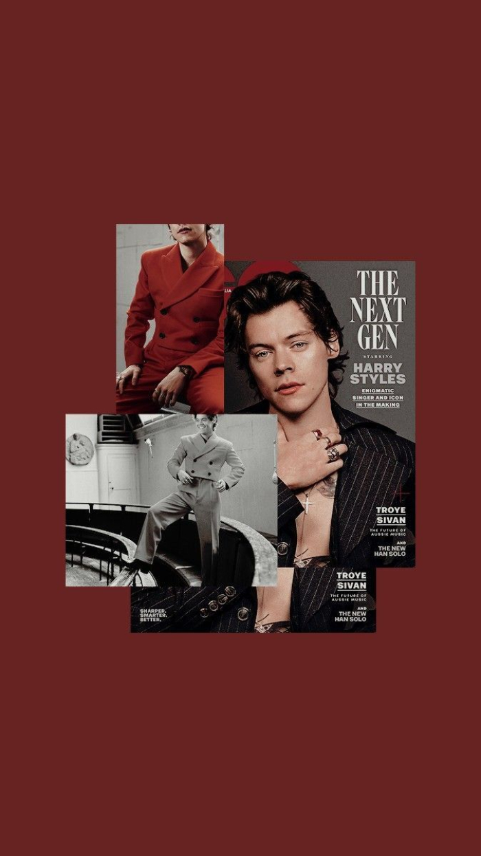red background photo collage in the middle harry styles background from magazine wearing black and red suits