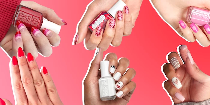 six different designs valentines day nail ideas white red pink beige nail polish with different decorations