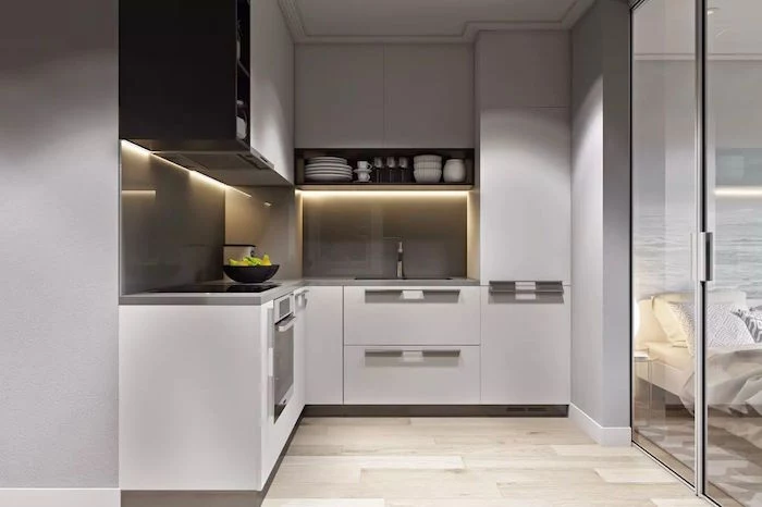 small kitchen ideas white kitchen cabonets with light gray backsplash with led lights openshelving wooden floor