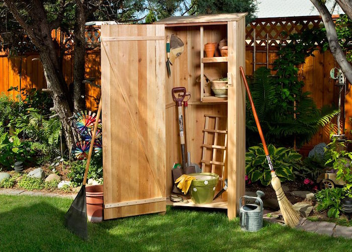 small wooden shed for gardening tools diy storage space small wooden shelves installed inside