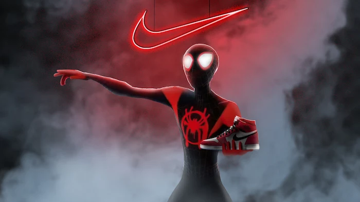 spider man into the spider verse cool nike wallpapers holding an air jordan sneaker red neon nike logo above him