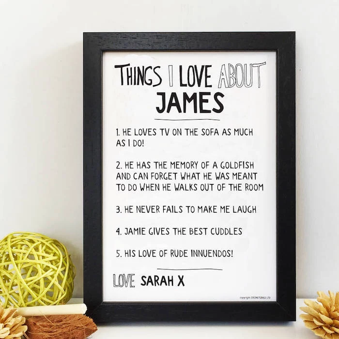 things i love about james poster valentines day ideas for him list written with black marker on white background inside black frame