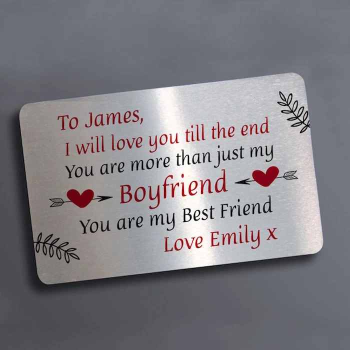 to james personalised message engraved in black and red on metal plaque valentines day ideas for him