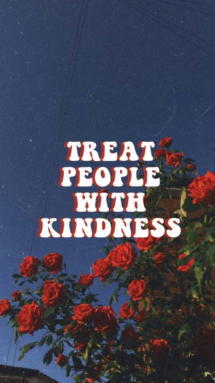treat people with kindness written in white over a photo of a rose bush and blue sky harry styles background
