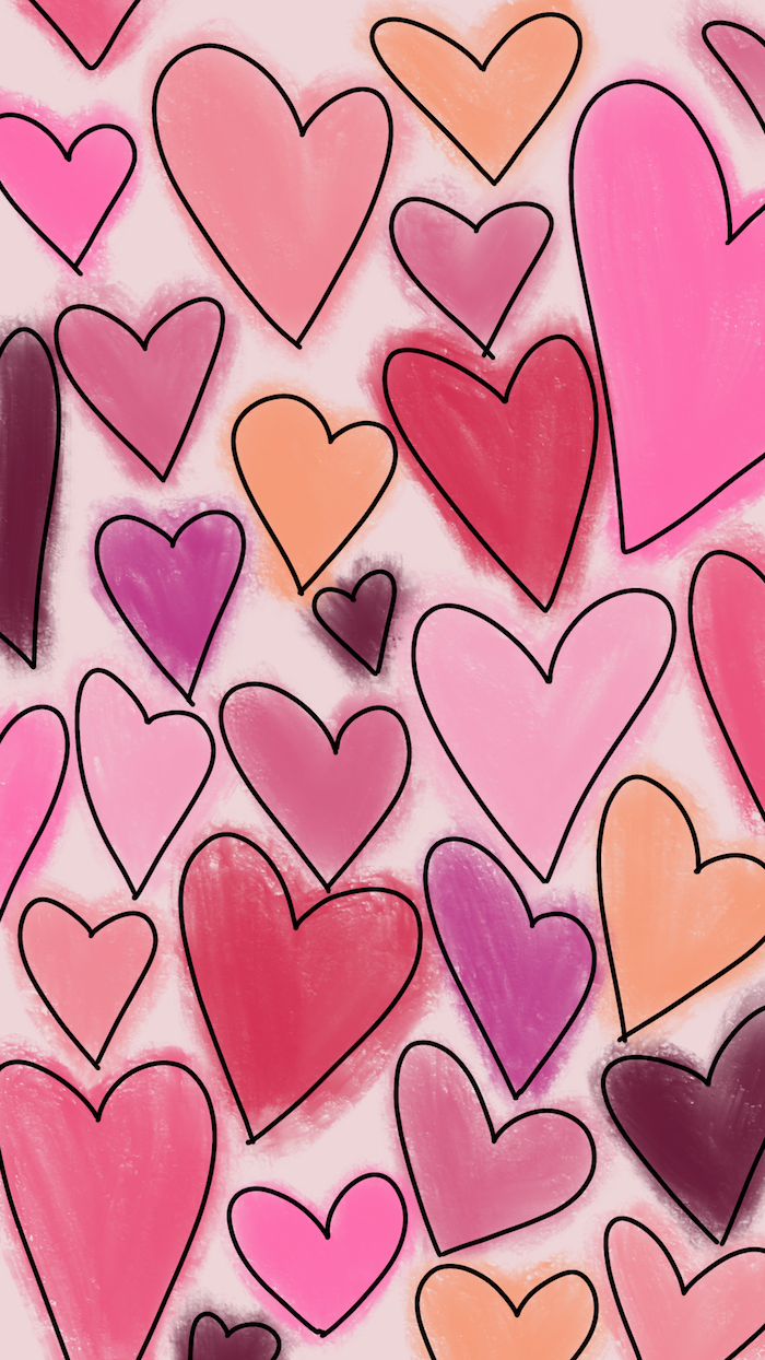 valentine's day 2021 drawings of hearts with black outlines colored in different shades of pink and purple on white background