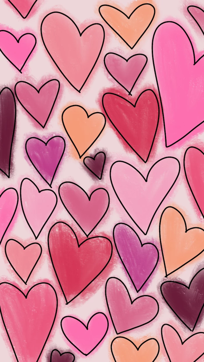 valentine's day 2021 drawings of hearts with black outlines colored in different shades of pink and purple on white background
