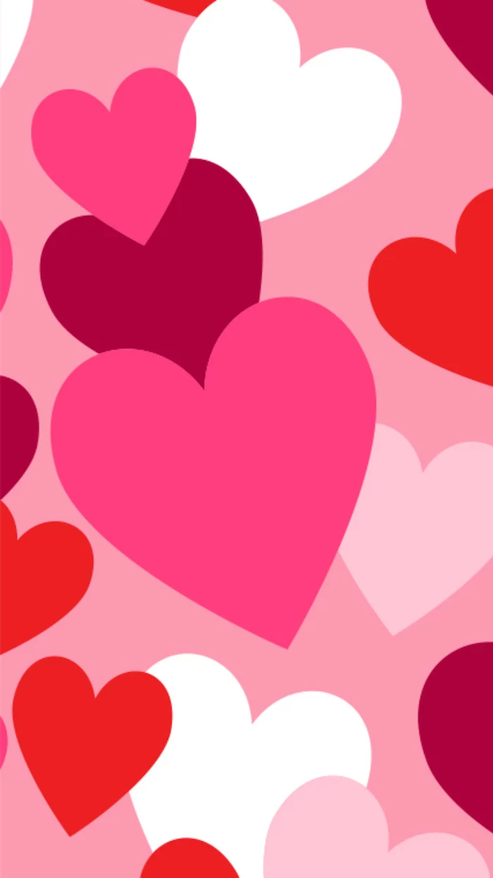 valentine's day origin lots of hearts in different shades of red and pink white drawn on pink background