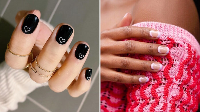 valentines nail designs 2021 black white and beige nail polish two different designs side by side photos