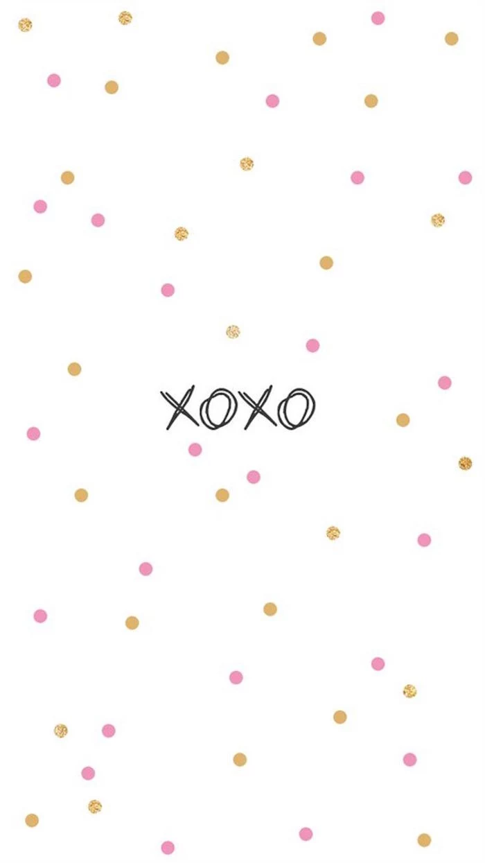 valentines wallpaper white background with pink and gold dots xoxo written in black in the middle