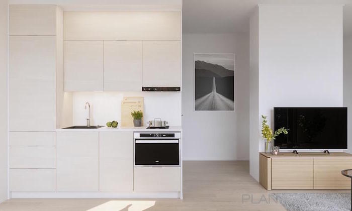 white kitchen cabinets white backsplash and countertops small kitchen design wooden floor open plan kitchen living room