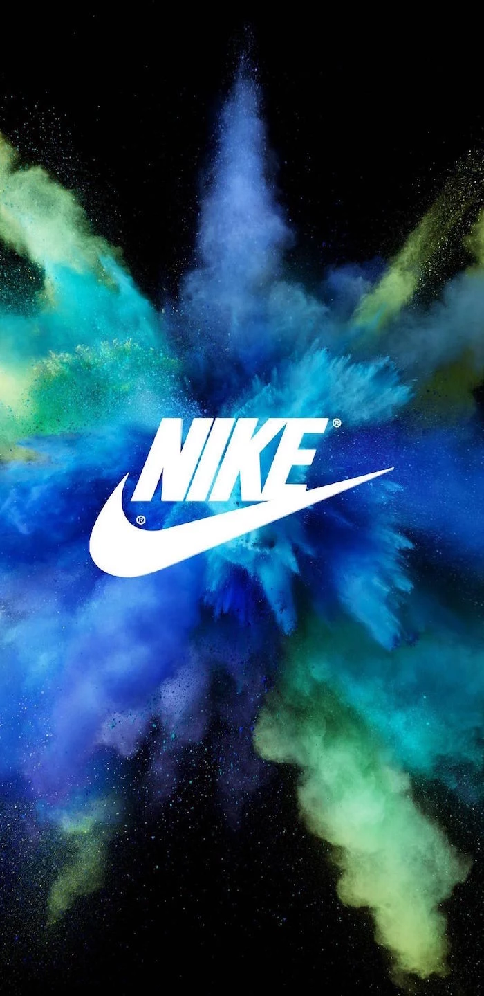 white nike logo in the middle black nike wallpaper digital drawing of blue green and turquoise smoke in the background