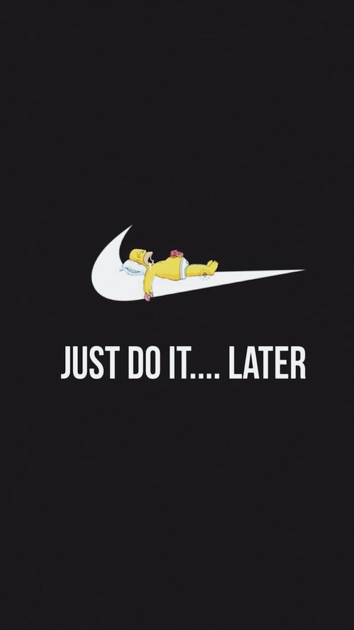 white nike logo in the middle drawing of homer simpson sleeping on it nike shoes wallpaper just do it later written underneath