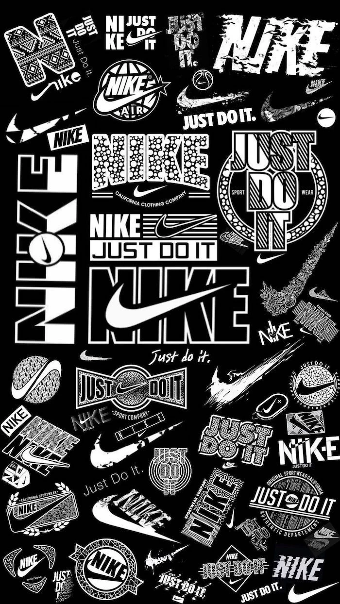 white nike logos from different eras just do it written in white black nike wallpaper black background