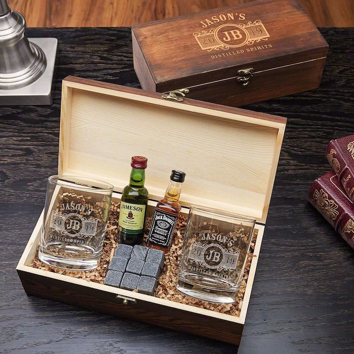 wooden box valentines day gifts for boyfriend whiskey glasses stones inside two mini whiskey bottles inside