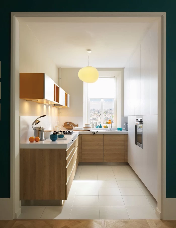 wooden orange and white kitchen cabinets white tiles floor kitchen decor ideas white tiled backsplash