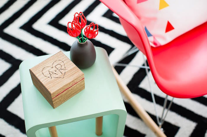 wooden pop up photo box placed on turquoise side table what to get your boyfriend for valentines day step by step diy tutorial