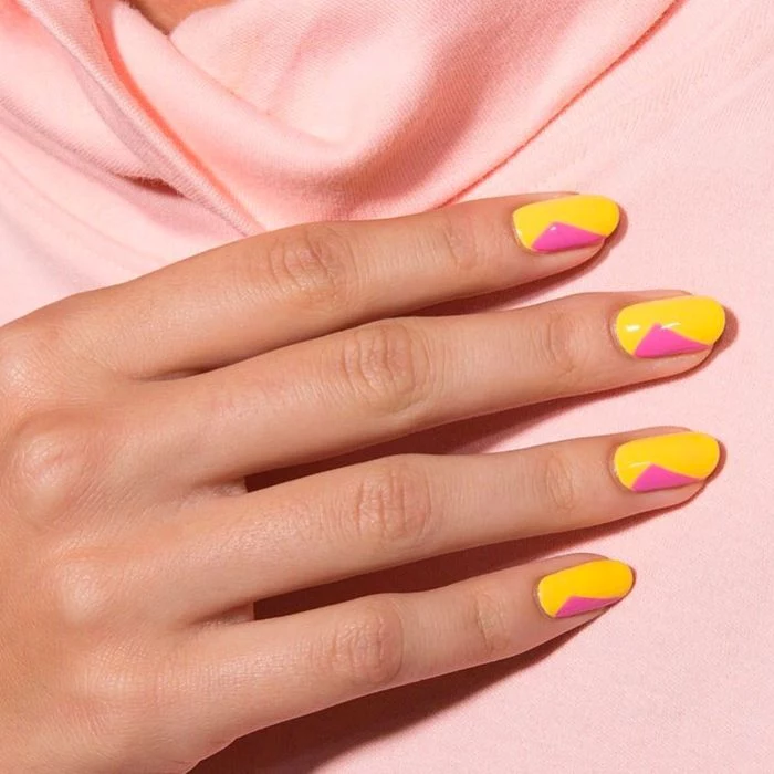 almond nails short cute nail designs yellow and pink nail polish in geometric shape