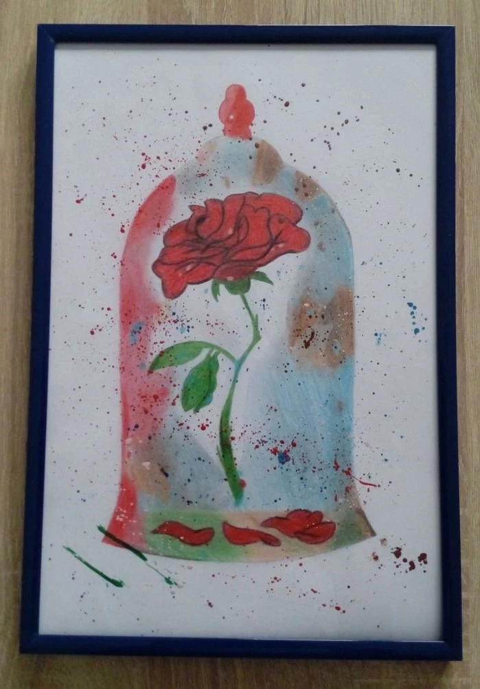 beauty and the beast inspired drawing of rose inside a glass vase rose drawing step by step blue frame