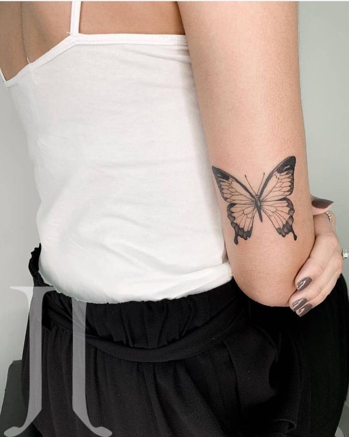 black and white tattoo on the back of the arm above the elbow butterfly tattoo designs