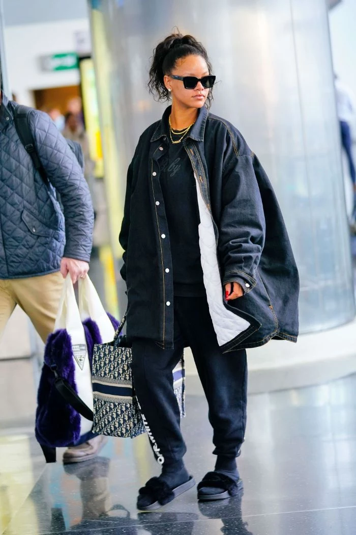 black denim oversized jacket black t shirt joggers hip hop clothing rihanna airport style