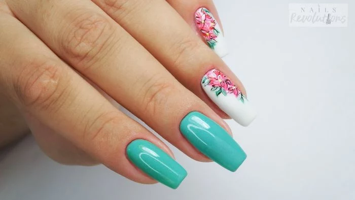 blue and white nail polish on long square nails nail designs for short nails pink flowers decorations