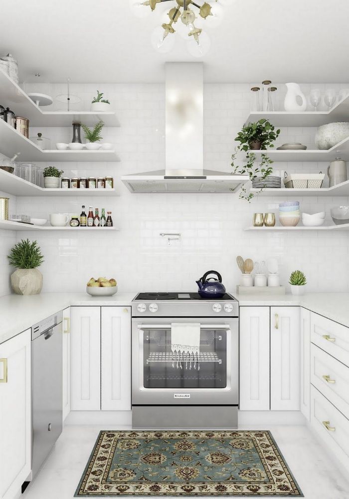 blue and white rug on the white floor kitchen shelf ideas white cabinets shelves and countertop