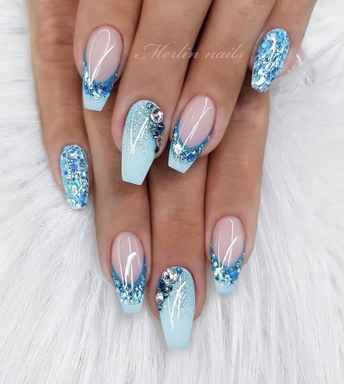 blue glitter nail polish with french manicure pretty nail designs decorations with rhinestones