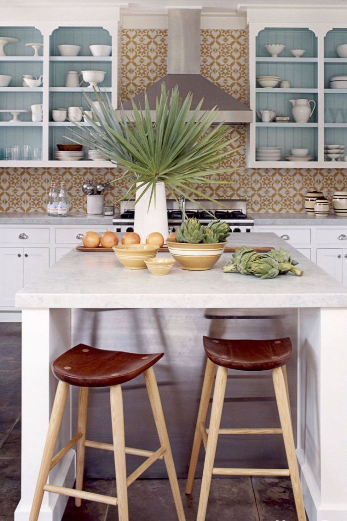 blue shiplap backdrop on kitchen shelf ideas orange and white tiled backdrops white cabinets kitchen island