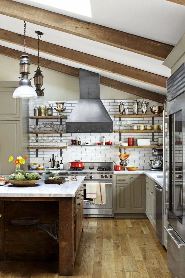 ceiling with exposed wood beams floating shelves kitchen ideas white subway tiles backdrop light gray cabinets