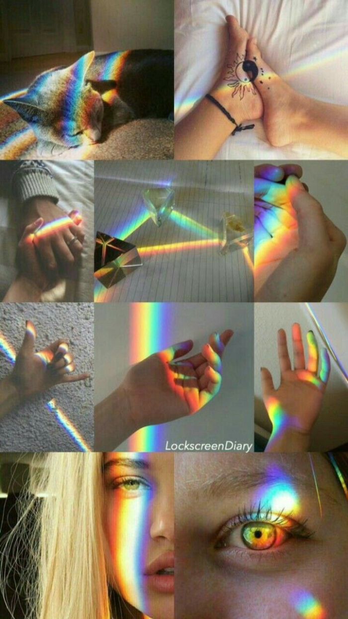 close up photos of eyes hands feet cat cool rainbow backgrounds photo collage with rainbow aesthetic