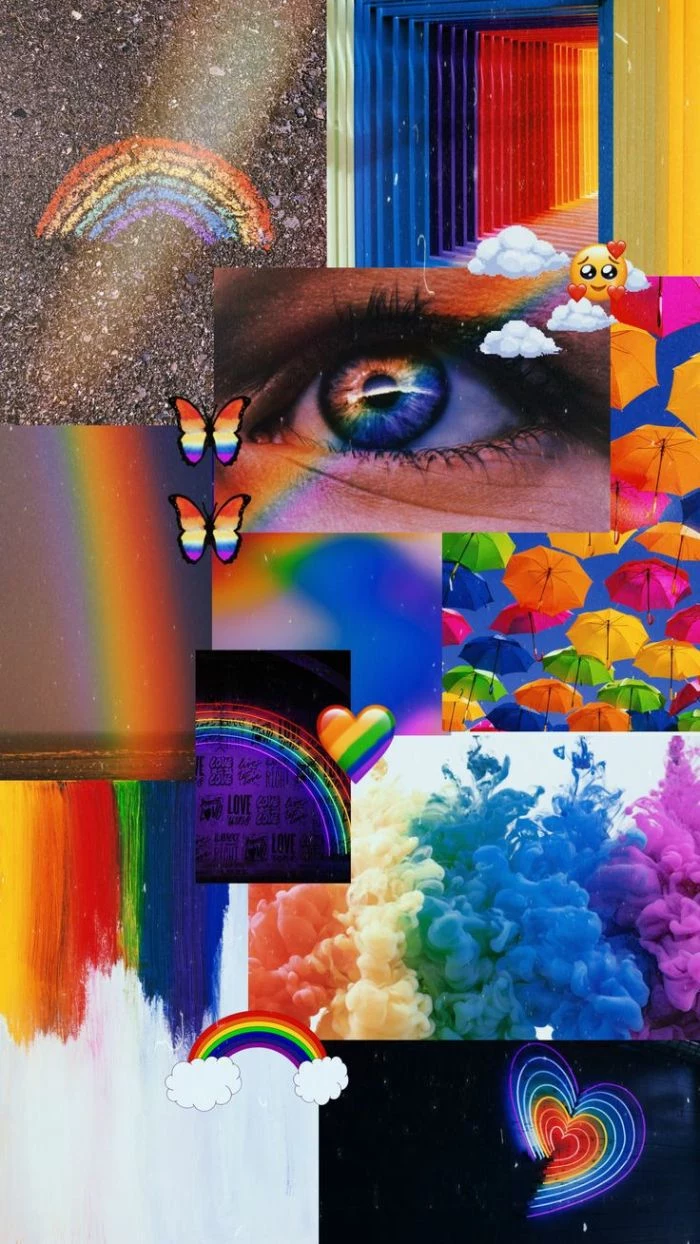 collage of different pictures with rainbow aesthetic cool rainbow backgrounds eye umbrellas butterflies
