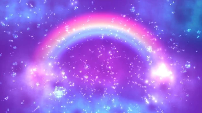 cute rainbow wallpaper digital drawing of rainbow on galaxy sky background white particles in the forefront
