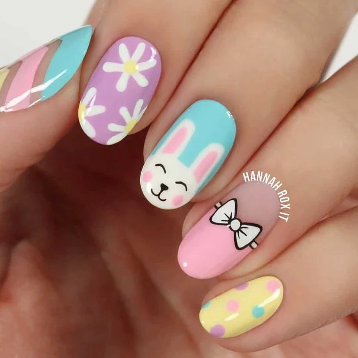 easter inspired nails in blue purple pink and yellow flower nail designs easter bunny and flowers decorations