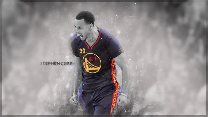 edit of steph wearing black golden state warriors uniform stephen curry background black and white background