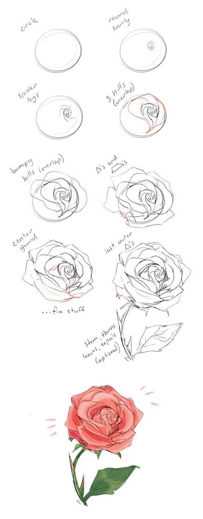 eight step diy tutorial how to draw a flower step by step pink rose with green leaf and stem